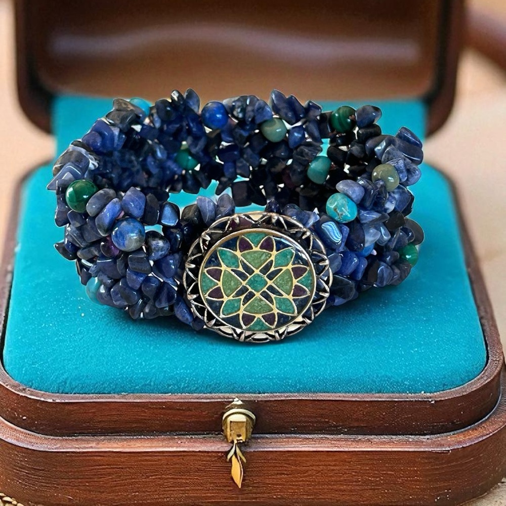Carolyn Pollack 925 Sterling Silver Natural Gemstone Inlay Stretch Bracelet 6-8”